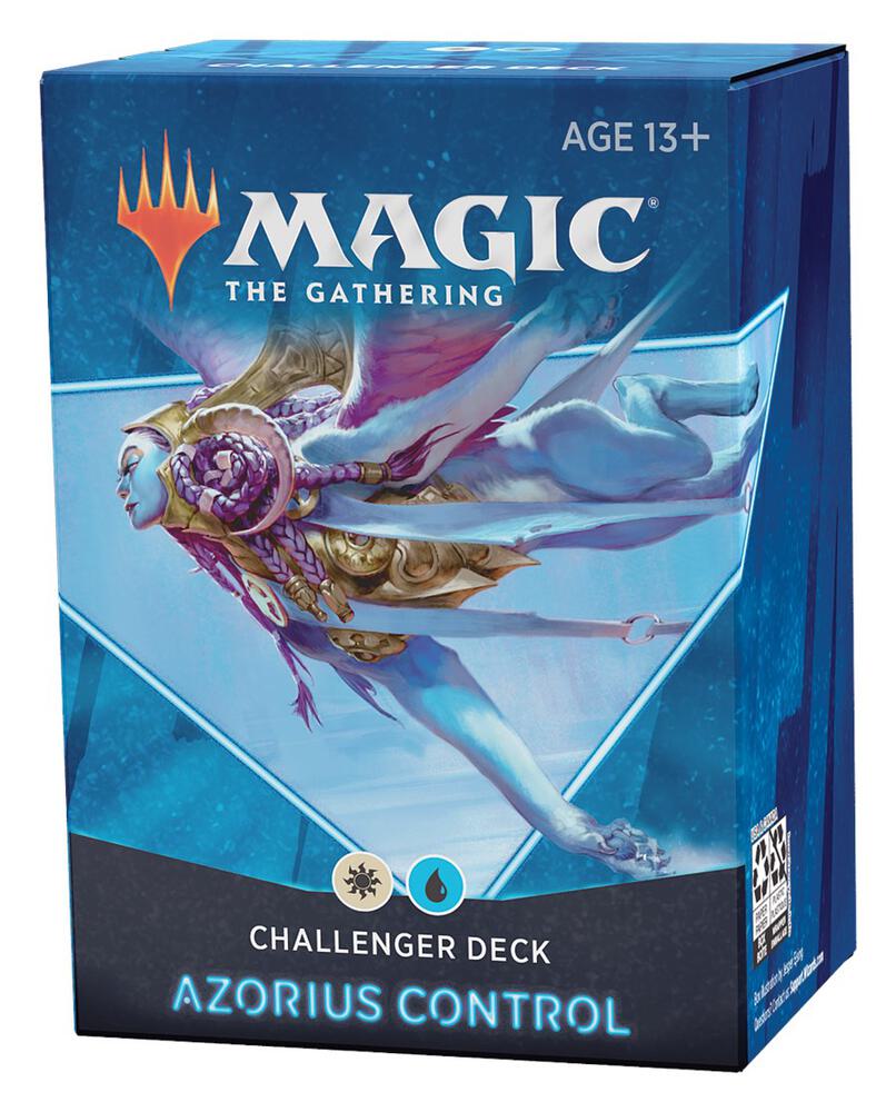 Challenger Deck 2021: Azorius Control - Blue rectangular box featuring Magic The Gathering logo and artwork of a winged armored figure, labeled Azorius Control.