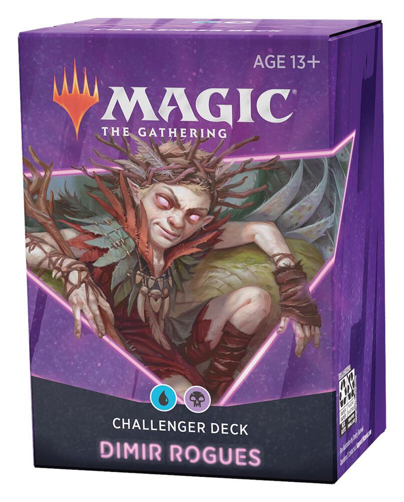 Challenger Deck 2021: Dimir Rogues - Purple Magic The Gathering Challenger Deck box featuring a sly, cloaked rogue character with sharp features and a.