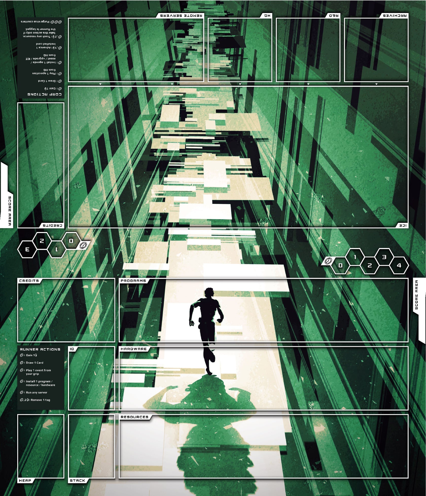 Netrunner: Two Player Playmat - Green-themed rectangular playmat with white-bordered card zones and a silhouetted runner figure in a corridor background,.