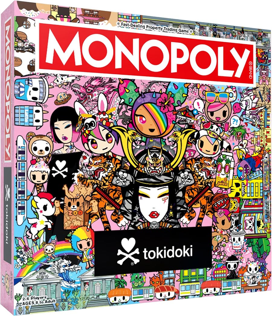Monopoly: Toki Doki - Monopoly board game box featuring colorful Tokidoki characters and vibrant urban artwork with pink, purple, and blue tones.