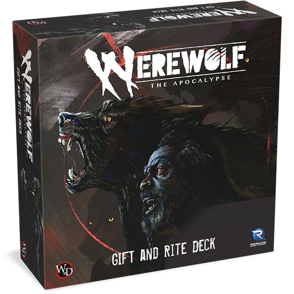 Werewolf The Apocalypse: Gift and Rite Deck (PREORDER) - Black box featuring snarling werewolf art with red and white "Werewolf The Apocalypse" text and "Gift and Rite Deck".