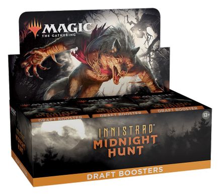 Magic: The Gathering: Midnight Hunt Draft Booster Box - MTG Midnight Hunt Draft Booster Box with dark gothic artwork featuring Werewolf creatures on black background.