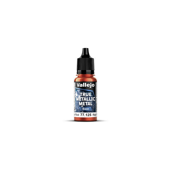 Vallejo True Metallic Metal Base: Forged Red (18ml) - Small cylindrical bottle of Vallejo True Metallic Metal Base paint in vibrant forged red with a black twist cap and branded.