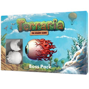 Terraria: The Board Game Boss Miniatures Pack (PREORDER) - Terraria board game box featuring colorful fantasy landscape and two detailed gray boss miniatures visible through window.