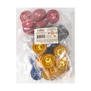 Luthier: Replacement Worker Chips - Set of colorful round worker chips in red, black, yellow, and blue, packaged in clear plastic bag with label.