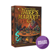 Thief's Market, Deluxe Edition (PREORDER) - Square board game box with fantasy artwork showing masked characters trading goods at a wooden table, warm orange and brown.