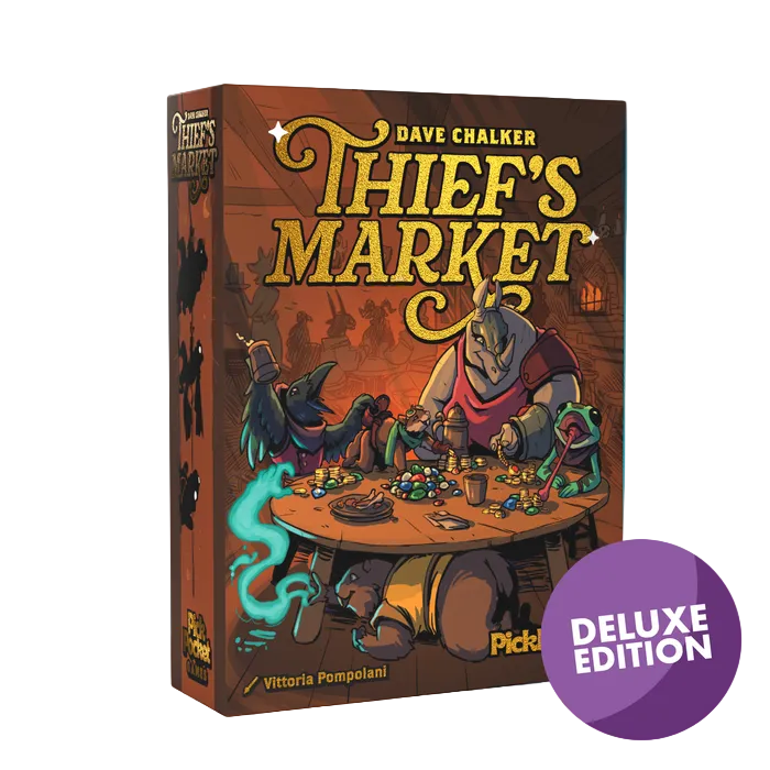 Thief's Market, Deluxe Edition (PREORDER) - Square board game box with fantasy artwork showing masked characters trading goods at a wooden table, warm orange and brown.