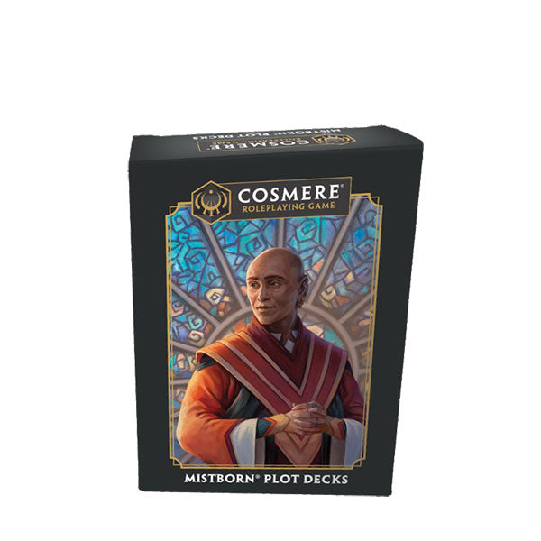 Cosmere RPG: Mistborn Plot Deck (PREORDER) - Black rectangular box featuring a bald man in a red and orange robe with blue stained glass window background, labeled.