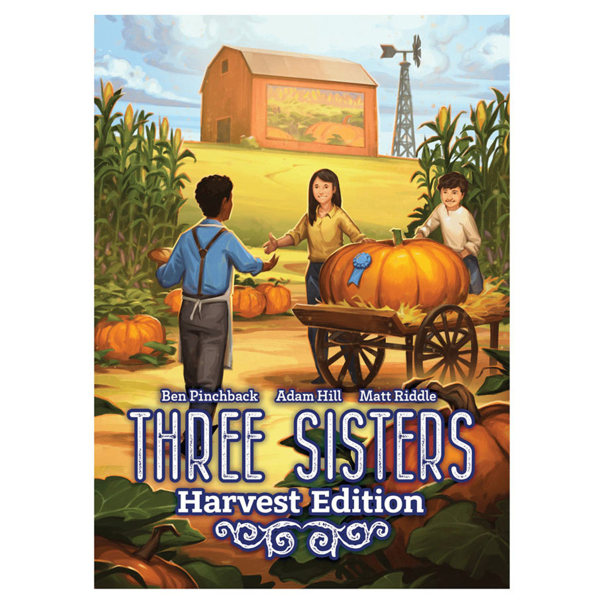 Three Sisters Harvest Edition (PREORDER) - Board game box featuring three children with a large pumpkin cart in a farm setting with a barn and windmill in the.