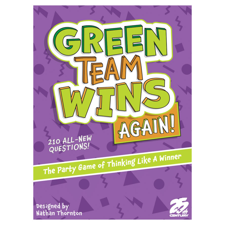 Green Team Wins Again - Green Team Wins Again party game box with bold green and orange text on a purple background with geometric shapes.