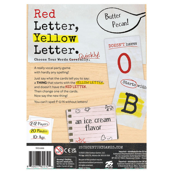 Red Letter Yellow Letter (PREORDER) - Box for Red Letter Yellow Letter party game with yellow, red, and black text and sample game cards featuring letters and.