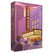 Take a Seat - Purple and pink rectangular board game box with vintage cityscape illustration and marquee sign reading "Take a Seat".