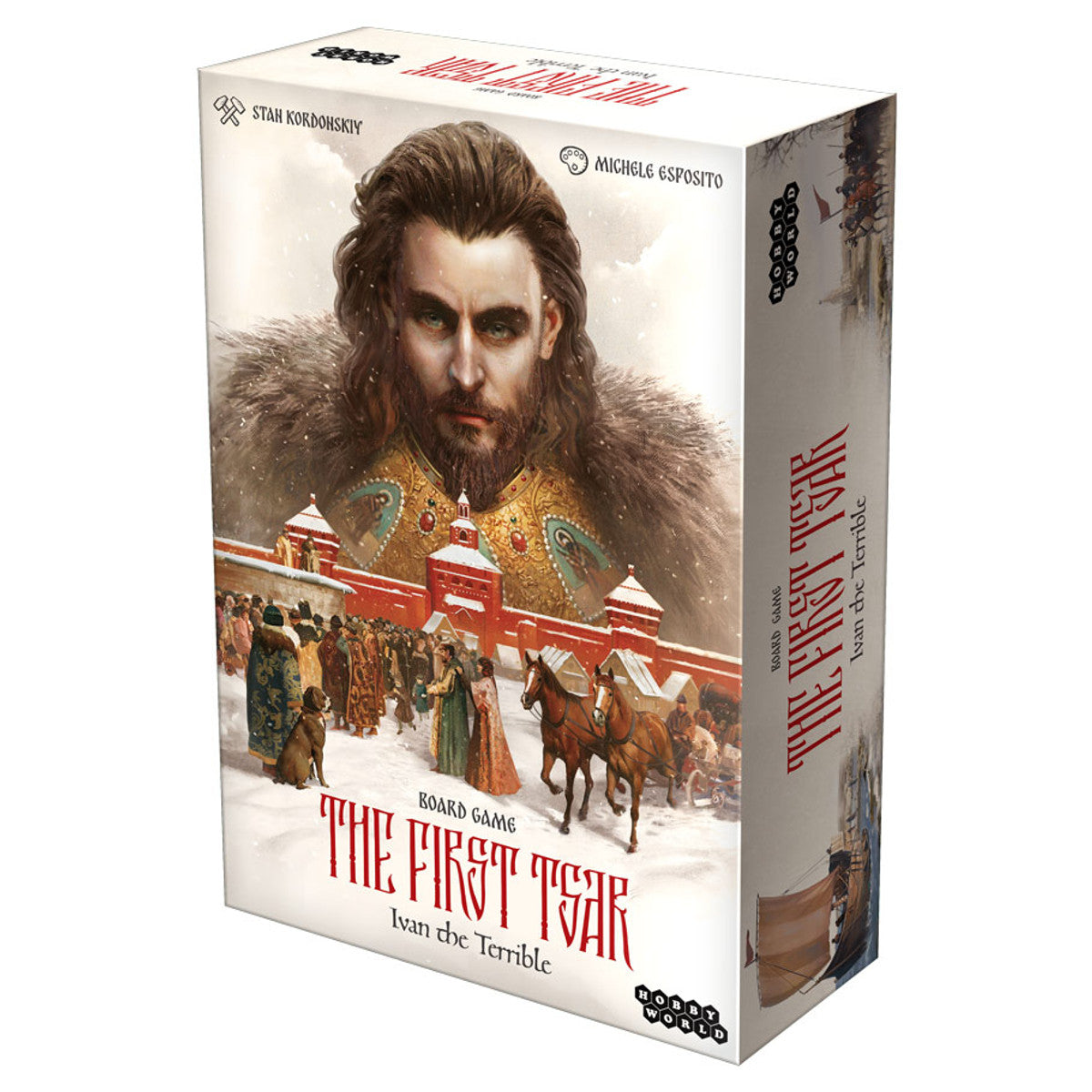 The First Tsar (PREORDER) - Strategy board game box featuring detailed artwork of a stern man with long hair and fur collar above historical Russian.