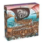 The Great Sea (PREORDER) - Board game box featuring a detailed wooden ship with large sails on a blue sea under a purple sky, titled "The Great Sea".