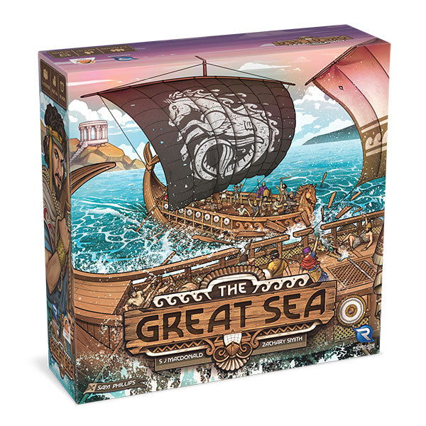 The Great Sea (PREORDER) - Board game box featuring a detailed wooden ship with large sails on a blue sea under a purple sky, titled "The Great Sea".