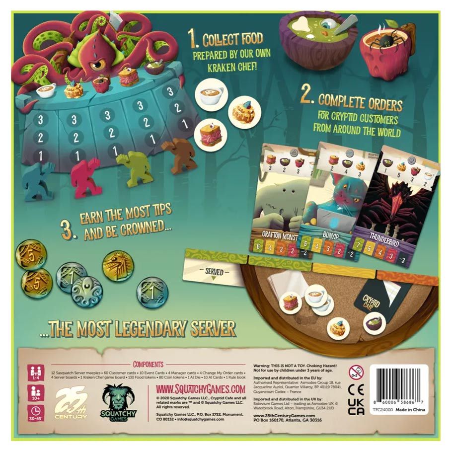 Cryptid Cafe - Colorful game board with numbered spaces, wooden tokens, illustrated character cards, and circular food tokens arranged to.