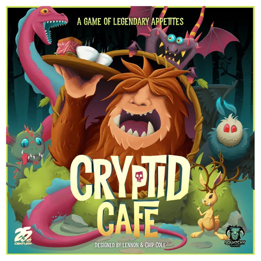 Cryptid Cafe - Colorful board game box with a smiling furry monster holding a tray of food, surrounded by various whimsical cryptid.