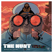 The Hunt - Illustration of a naval officer in white uniform and hat looking through binoculars reflecting a red sunset over a sea.
