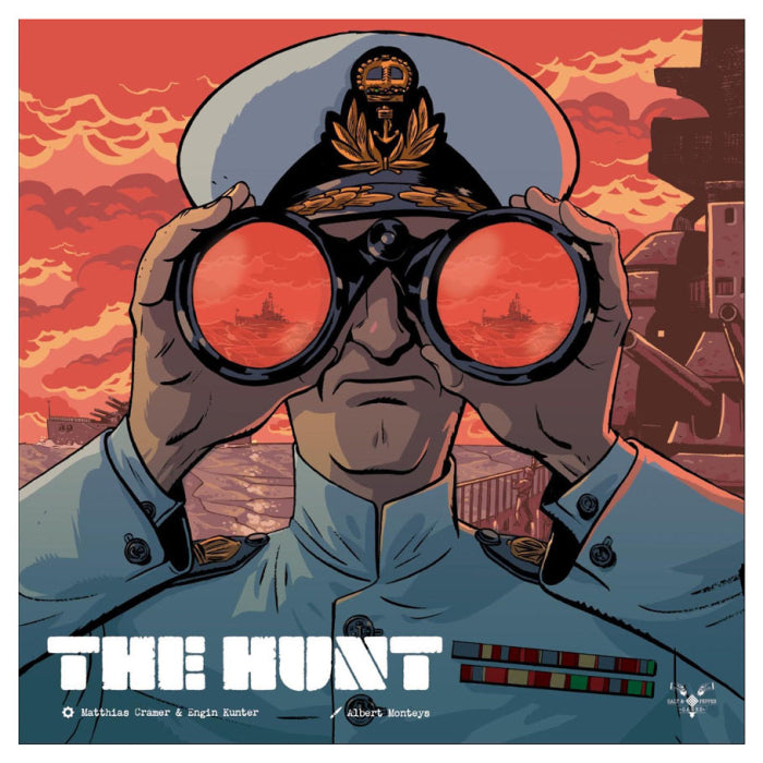 The Hunt - Illustration of a naval officer in white uniform and hat looking through binoculars reflecting a red sunset over a sea.