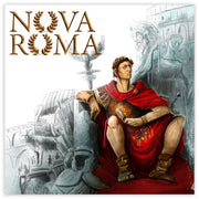 Nova Roma - Strategic board game cover featuring a Roman leader in red and gold toga seated on a stone throne with ancient Roman.
