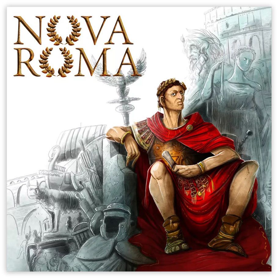 Nova Roma - Strategic board game cover featuring a Roman leader in red and gold toga seated on a stone throne with ancient Roman.