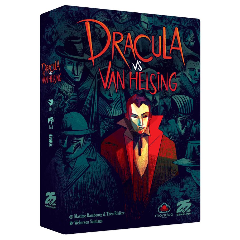 Dracula vs Van Helsing - Dark blue board game box with red and white "Dracula vs Van Helsing" title and stylized Dracula figure in red cloak on front.