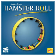 Hamster Roll - Blue board game box featuring a yellow hamster wheel with colorful wooden pieces inside on a gradient blue background.