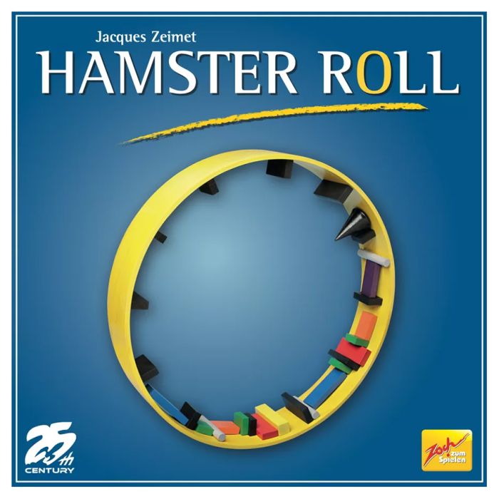 Hamster Roll - Blue board game box featuring a yellow hamster wheel with colorful wooden pieces inside on a gradient blue background.