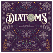 Diatoms - Square dark purple game box with ornate symmetrical designs and the word Diatoms in large white stylized letters centered on