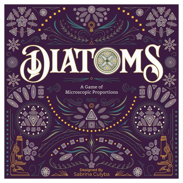 Diatoms - Square dark purple game box with ornate symmetrical designs and the word Diatoms in large white stylized letters centered on