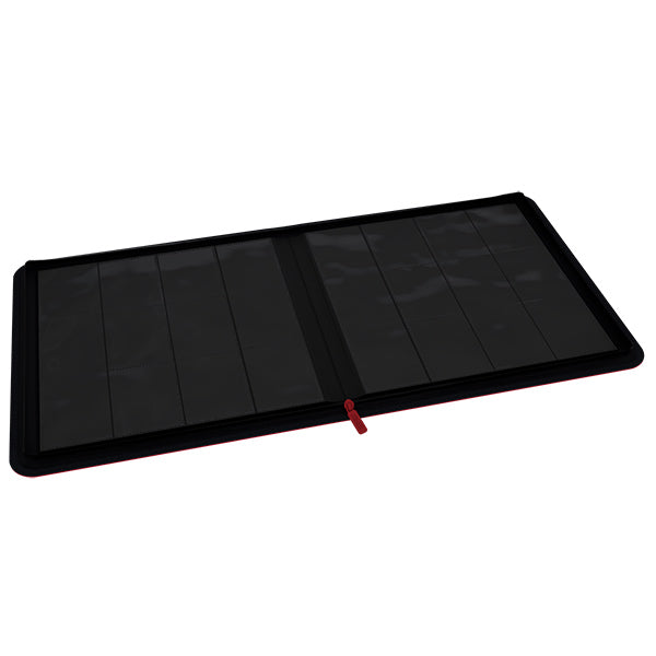 Arcane Fortress 12-Pocket Zippered Binder: Solid Color - Red - Open red zippered binder with 12 clear plastic pockets inside for card storage.
