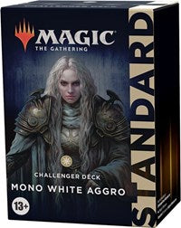 Challenger Deck 2022: Mono White Aggro - Magic The Gathering Challenger Deck with fantasy warrior woman artwork, primarily black and white packaging, labeled Mono.