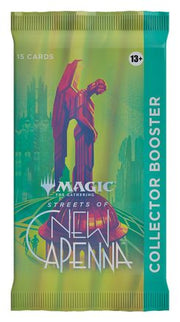 Magic: The Gathering - New Capenna Collector Pack - The Gathering New Capenna Collector Booster pack with winged statue artwork and teal side panel.
