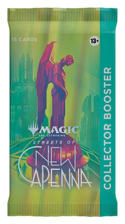 Magic: The Gathering - New Capenna Collector Pack - The Gathering New Capenna Collector Booster pack with winged statue artwork and teal side panel.