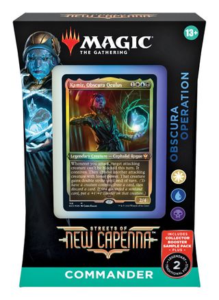 Magic: the Gathering -  Streets of New Capenna Commander - Obscura Operation - The Gathering Streets of New Capenna Commander deck box with holographic Obscura Operation card displayed, black and teal.
