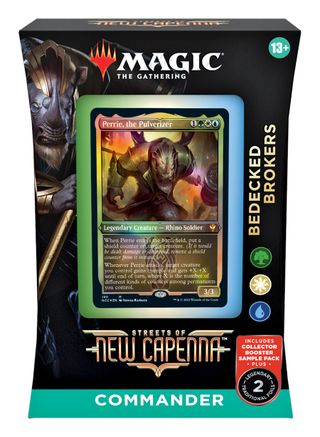 Magic: the Gathering -  Streets of New Capenna Commander - Bedecked Brokers - The Gathering Streets of New Capenna Commander deck box featuring glowing Bedecked Brokers card, black and green packaging.