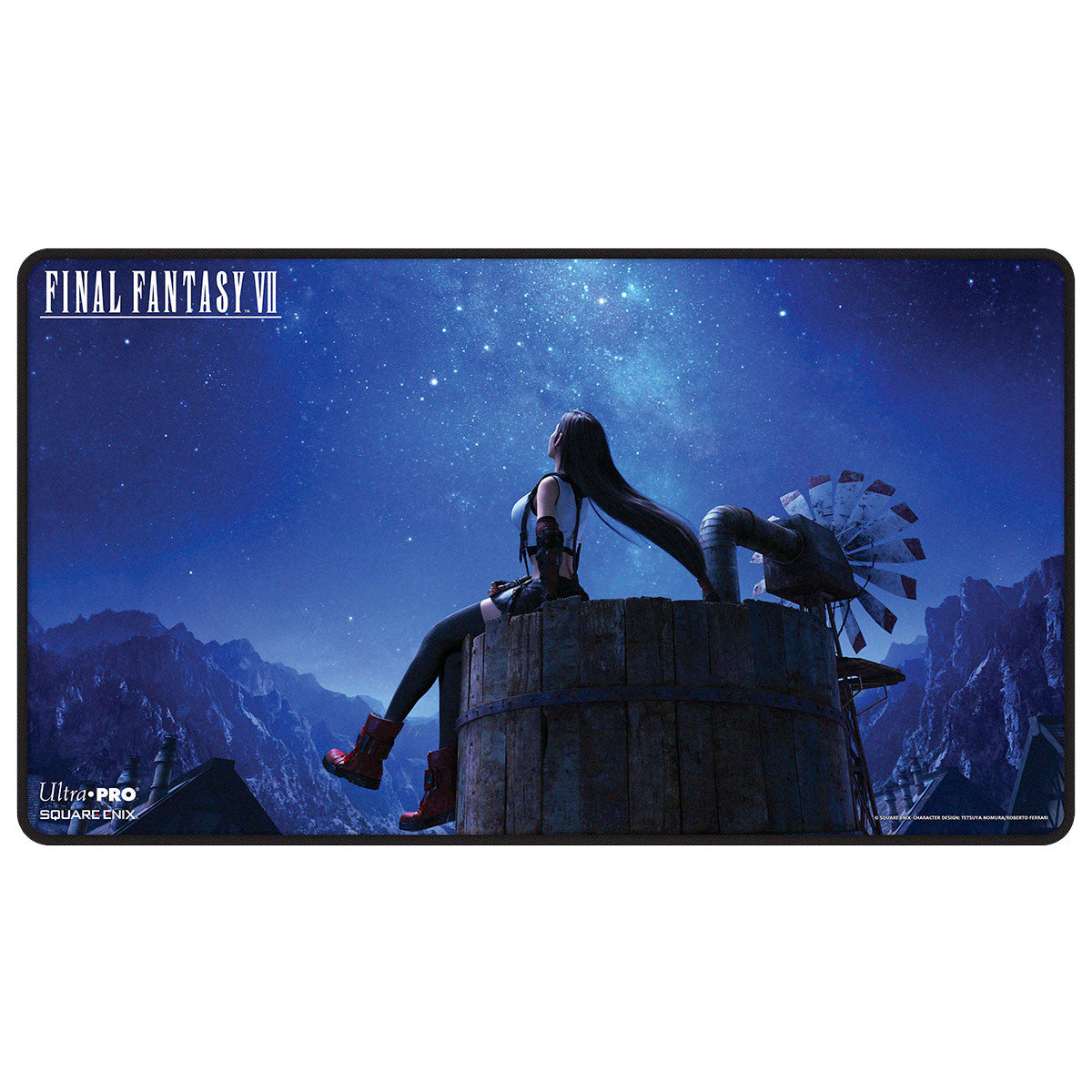 Final Fantasy Playmat By Ultra Pro: Final Fantasy VII - Tifa Lockhart - Rectangular gaming playmat featuring a night sky with stars, mountains, and Tifa Lockhart sitting on a wooden barrel.