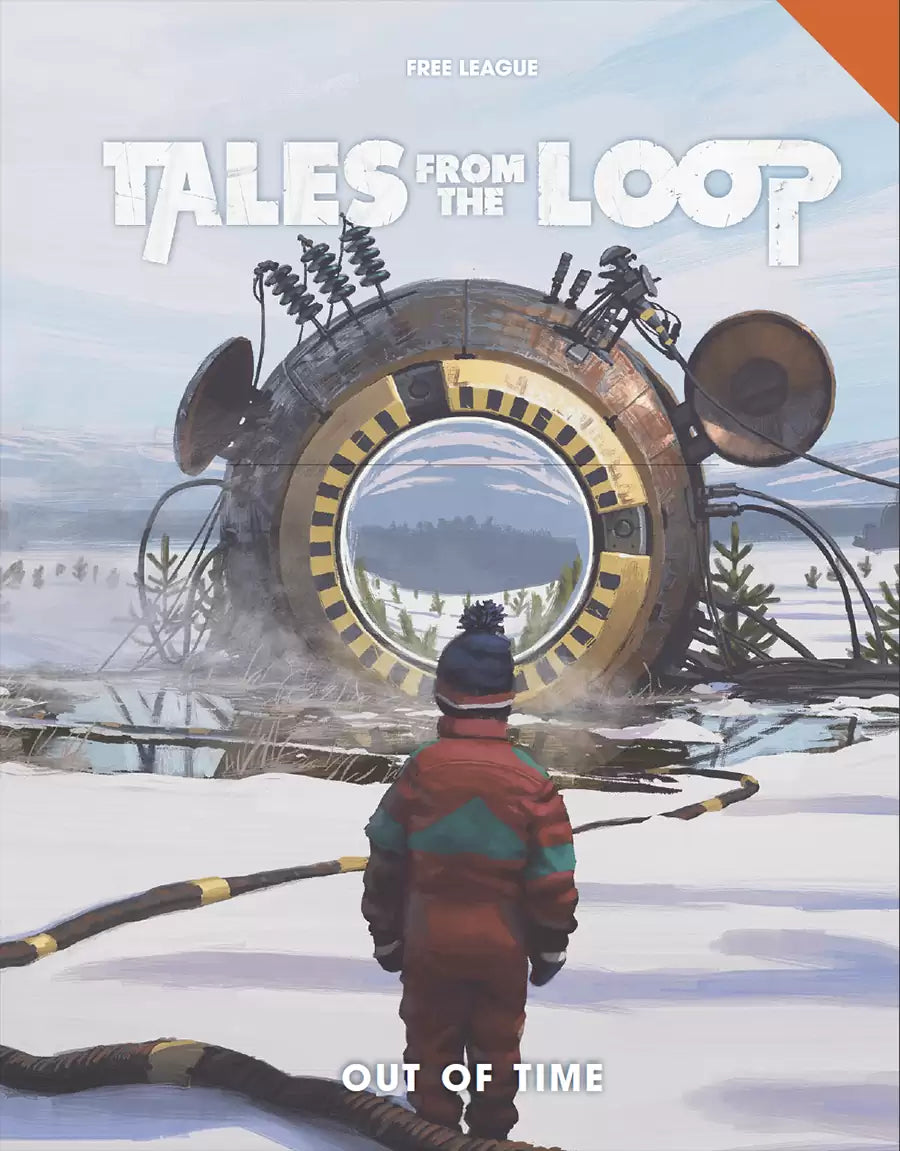Tales From the Loop: Out of Time - Book cover featuring a snowy landscape with a large circular mechanical structure and a person in a red and teal jacket.