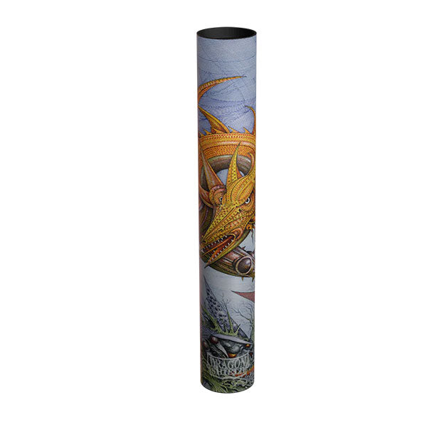 Dragon Shield Playmat & Tube - The Millerax (PREORDER) - Cylindrical playmat storage tube with detailed orange dragon artwork on a gradient blue-gray background.