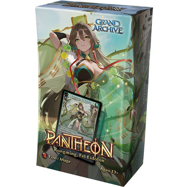 Grand Archive TCG: Radiant Origins Pantheon Deck - Kongming, Fel Eidolon - Collector card deck box featuring an illustrated female character with long brown hair and green attire surrounded by.