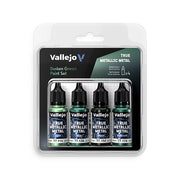 Vallejo True Metallic Metal Set: Dusken Green (4 Color Set), 18 ml. - Set of four 18ml bottles of Vallejo True Metallic paint in shades of dusken green with black caps in clear plastic packaging.