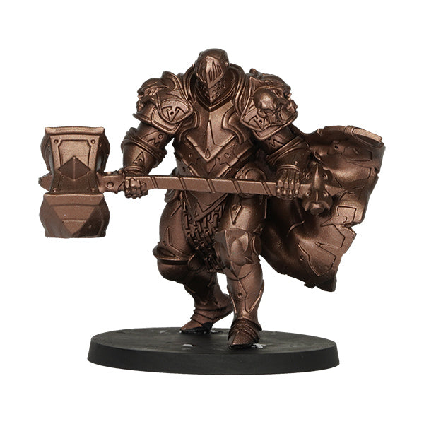 Vallejo True Metallic Metal Airbrush: Rusty Metal (18ml) - Metallic bronze-painted miniature armored warrior holding a large hammer and shield on a black round base.