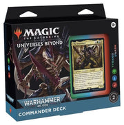 Magic: the Gathering -  Warhammer40k Commander - Tyranid Swarm - The Gathering Warhammer 40,000 Tyranid Swarm Commander Deck with Tyranid Arm art on box and sample card display.