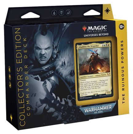 Magic: the Gathering - Warhammer 40k Commander - The Ruinous Powers Collector's Edition - The Gathering Warhammer 40k Commander The Ruinous Powers Collector's Edition box with dark fantasy artwork and visible game.