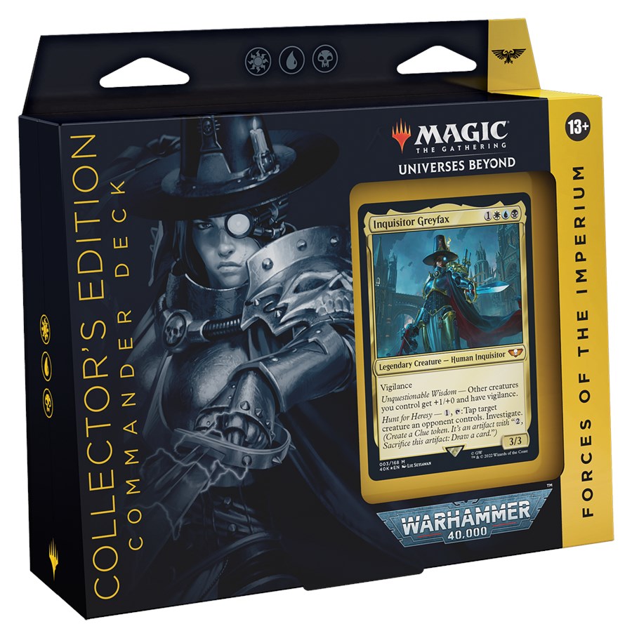 Magic: the Gathering  - Warhammer 40k Commander -  Forces of the Imperium Collector's Edition - The Gathering Warhammer 40k Commander deck box with Space Marine artwork and highlighted card in a black and yellow.