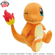 Pokemon Mecha Mofugutto Look at My Tail! Pluch - Charmander, 12.2" - Orange Charmander plush with cream belly and a red and yellow flame on its tail, sitting pose with one eye winking.