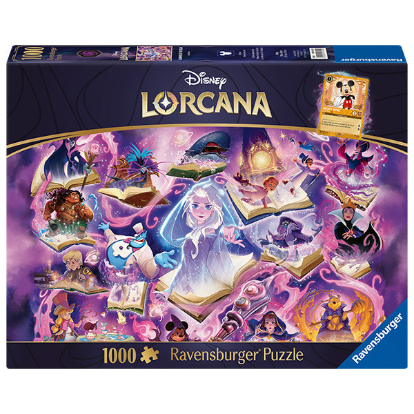 1000 Piece Puzzle: Disney Lorcana Glimmers of the Realm - Steel (PREORDER) - Disney Lorcana 1000-piece Ravensburger puzzle featuring colorful fantasy characters and scenes with a purple and steel blue.