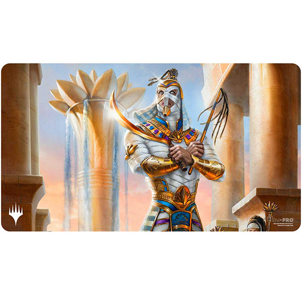 Playmat: MTG- Aetherdrift- Amonkhet Eternal Might - Fantasy-themed playmat featuring a golden-armored warrior with crossed swords, set against ancient pillars and lotus-shaped.