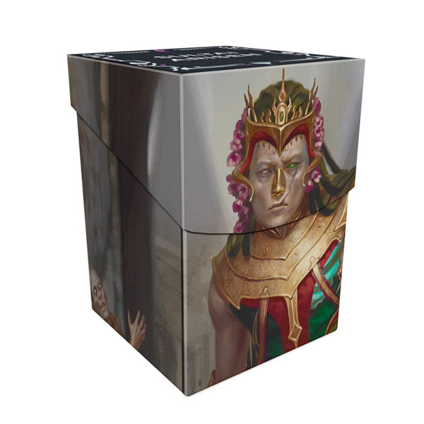 Deckbox PRO 100+ Tarkir Dragonstorm - Shiko and Narset, Unified / Teval, the Balanced Scale - Deckbox with detailed fantasy artwork featuring a crowned figure with gold armor and pink floral accents, designed to store.