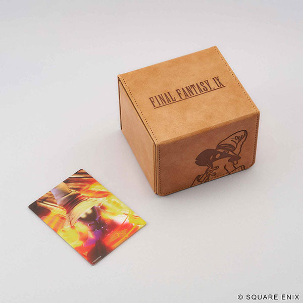 Square Enix Deck Case: Final Fantasy XIV - Vivi (PREORDER) - Brown leatherette square deck case with Final Fantasy XIV logo and black Vivi silhouette, next to colorful fantasy-themed.